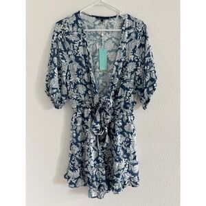 NWT Shore‎ Womens M Blue White Paisley Romper Tie Ruffle Beachy Resort Travel